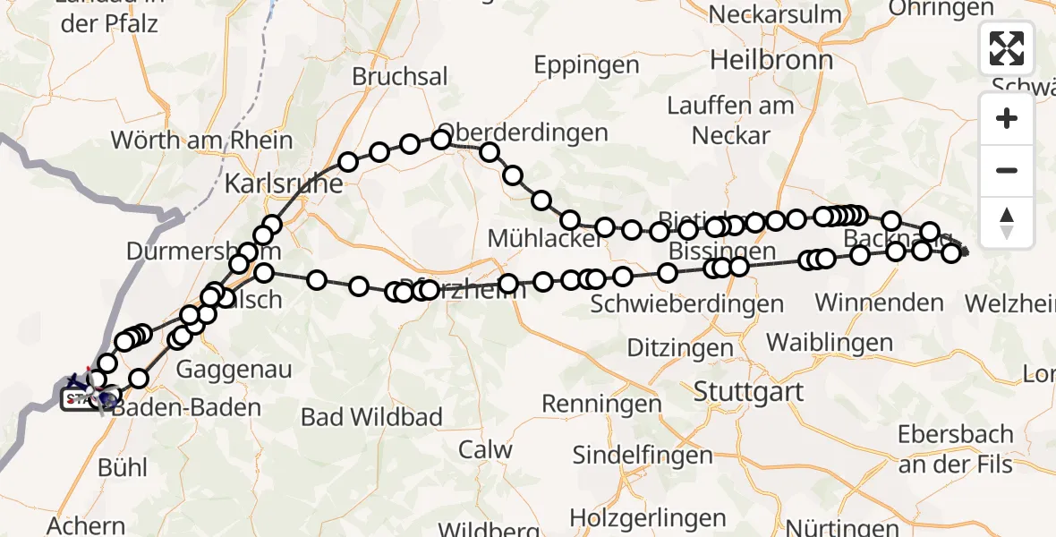 Flugroute Polizeihubschrauber Karlsruhe Baden-Baden Flughafen - Karlsruhe Baden-Baden Flughafen, 11 April 2026, 22:21