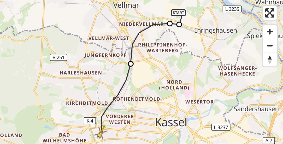Flugroute Rettungshubschrauber Fuldatal Bundespolizei Hubschrauberlandeplatz - Kassel, 12 April 2026, 05:01
