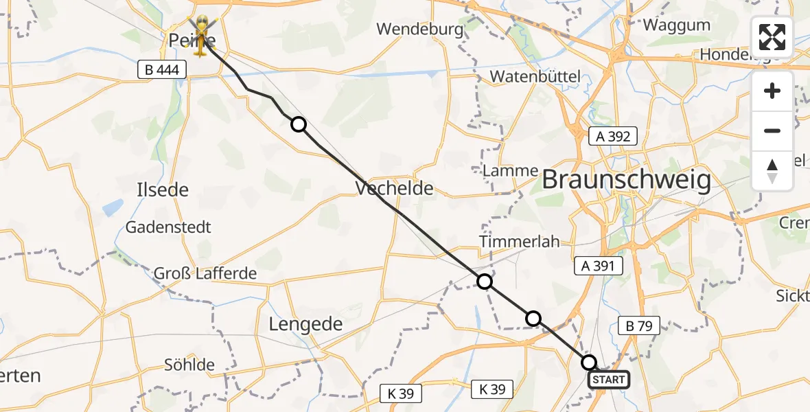 Flugroute Rettungshubschrauber Wolfenbüttel - Peine, 12 April 2026, 05:37