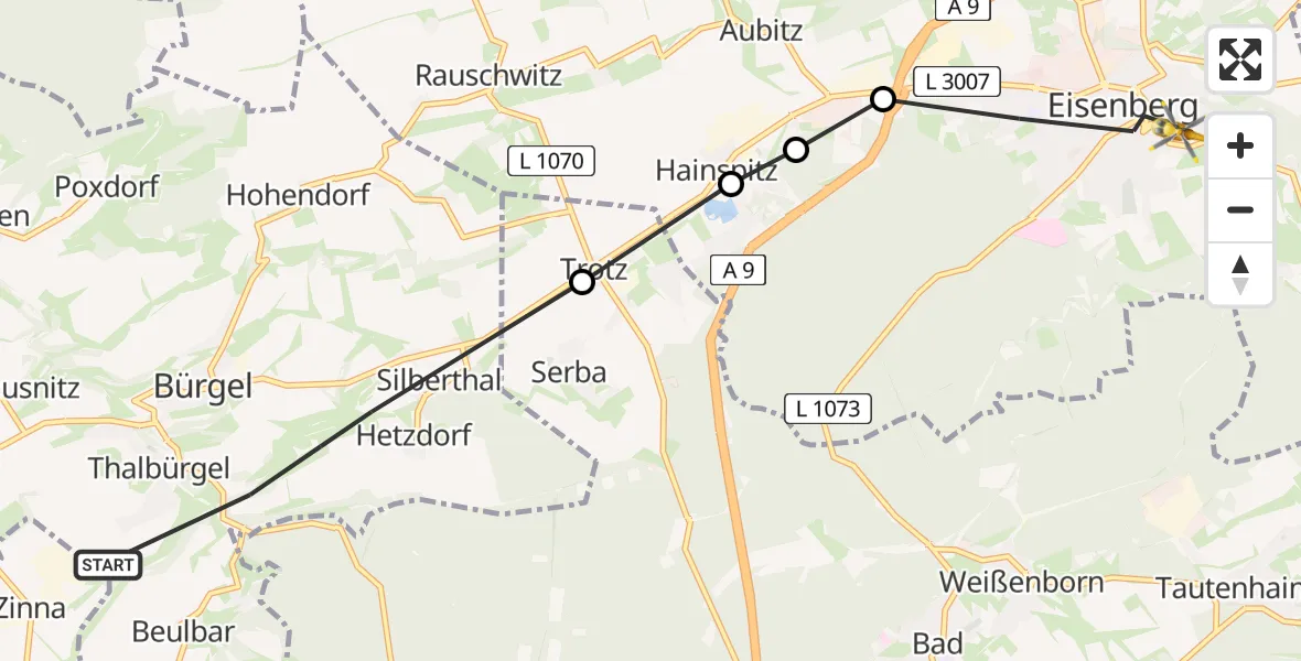Flugroute Rettungshubschrauber Bürgel - Eisenberg, 12 April 2026, 06:16
