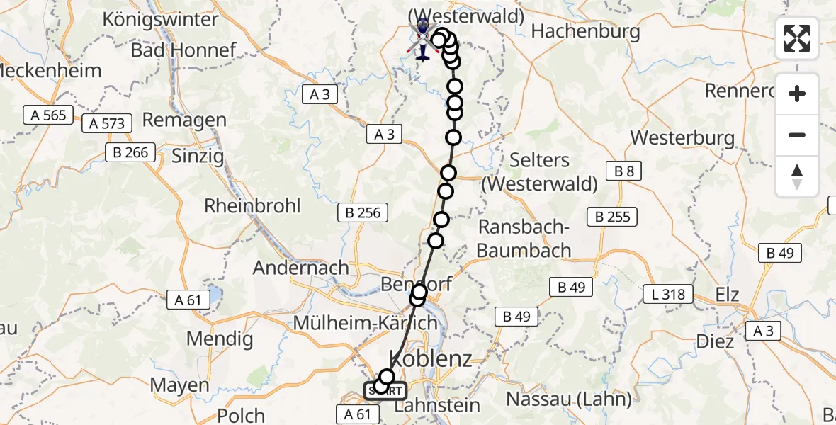 Flugroute Polizeihubschrauber Koblenz-Winningen Flugplatz - Berzhausen, 12 April 2026, 06:26