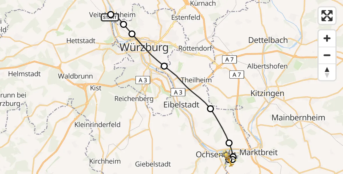 Flugroute Rettungshubschrauber Margetshöchheim - Ochsenfurt Hospital, 12 April 2026, 07:11
