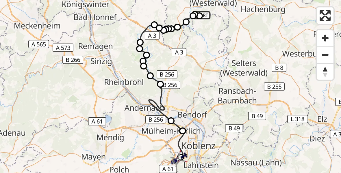 Routekaart van de vlucht: Polizeihubschrauber nach Koblenz-Winningen Flugplatz