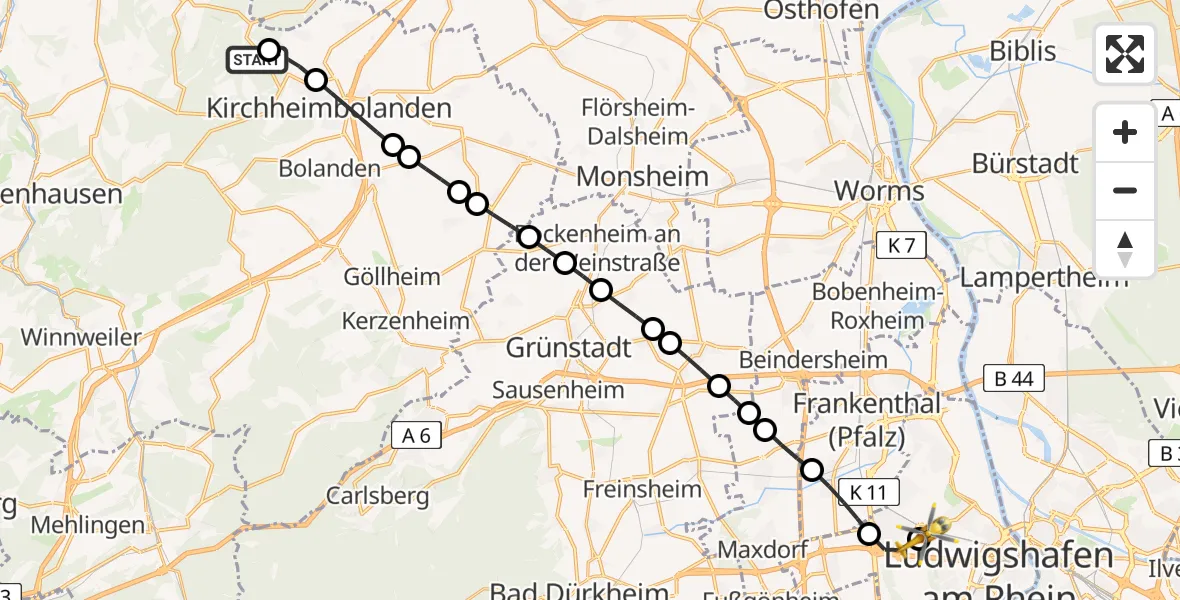 Flugroute Rettungshubschrauber Kirchheimbolanden - Ludwigshafen Accident Hospital, 12 April 2026, 07:51