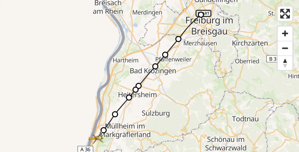 Flugroute Rettungshubschrauber Freiburg im Breisgau Flugplatz - Neuenburg am Rhein, 12 April 2026, 08:01