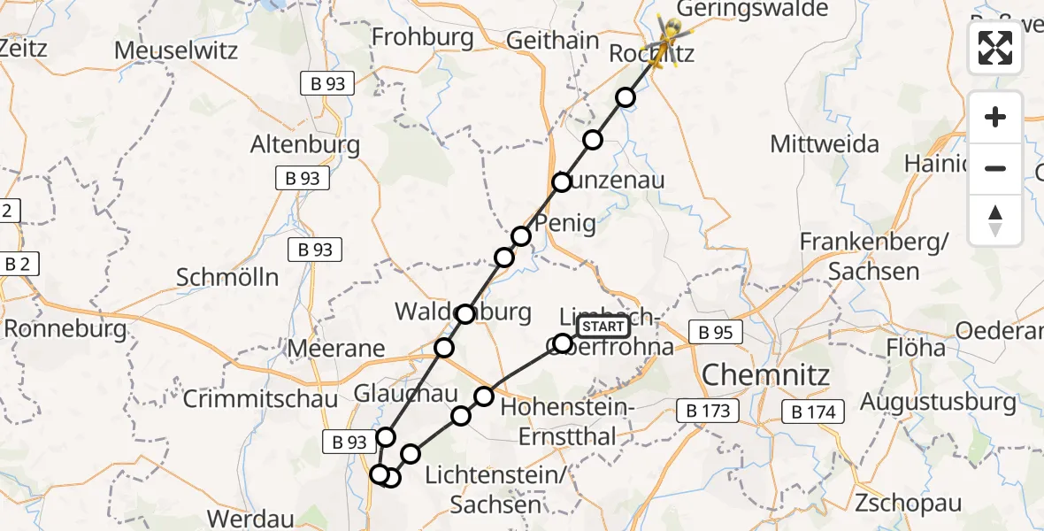 Flugroute Rettungshubschrauber Limbach-Oberfrohna - Rochlitz, 12 April 2026, 08:10