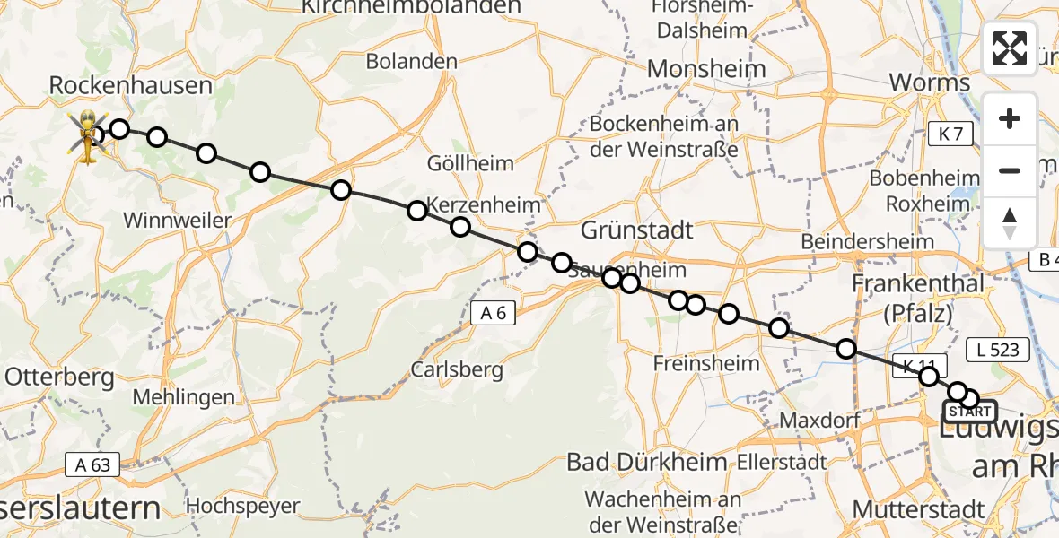 Flugroute Rettungshubschrauber Ludwigshafen Accident Hospital - Imsweiler UL, 12 April 2026, 08:26