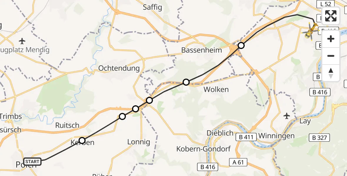 Flugroute Rettungshubschrauber Polch - Koblenz, 12 April 2026, 08:27