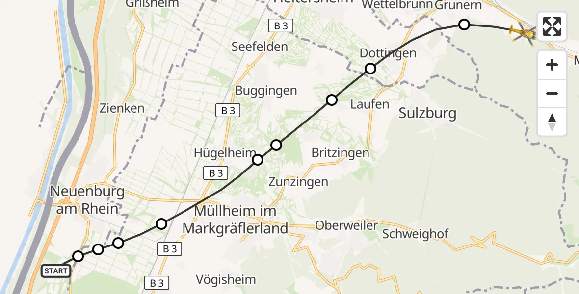 Flugroute Rettungshubschrauber Neuenburg am Rhein - Staufen im Breisgau, 12 April 2026, 08:28