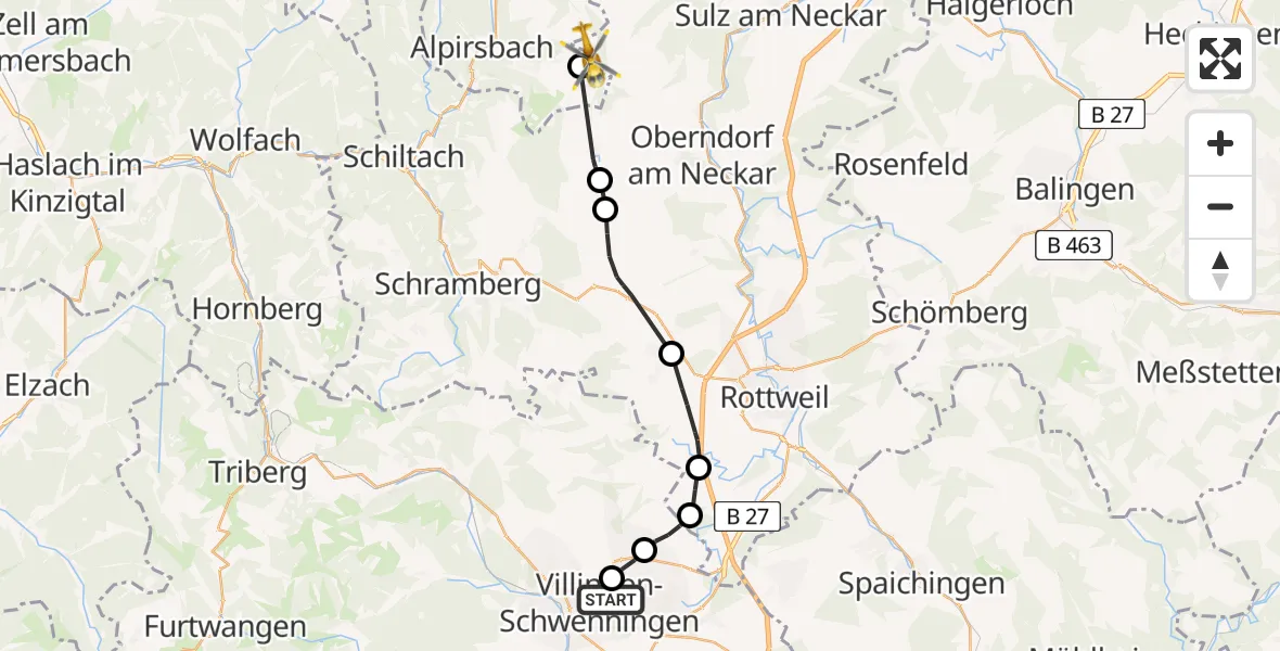 Flugroute Rettungshubschrauber DRF Air Rescue Station Villingen-Schwenningen Hubschrauberlandeplatz (Christoph 11) - Dornhan, 12 April 2026, 08:30