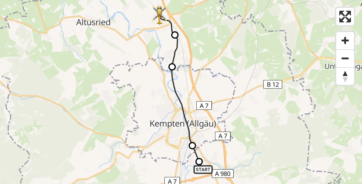 Flugroute Rettungshubschrauber Kempten-Durach Flugplatz - Dietmannsried, 12 April 2026, 08:35