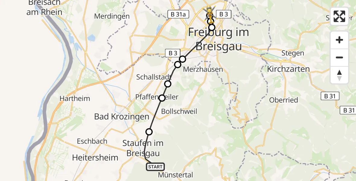 Flugroute Rettungshubschrauber Staufen im Breisgau - Freiburg im Breisgau Flugplatz, 12 April 2026, 09:07