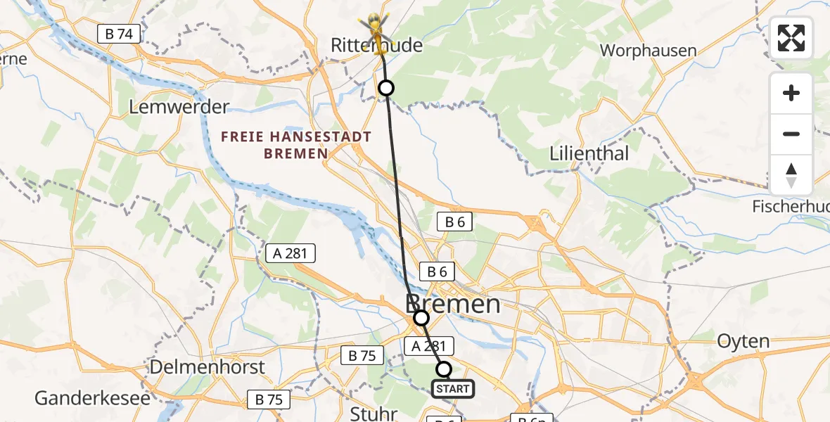 Flugroute Rettungshubschrauber Bremen - Ritterhude, 12 April 2026, 09:11