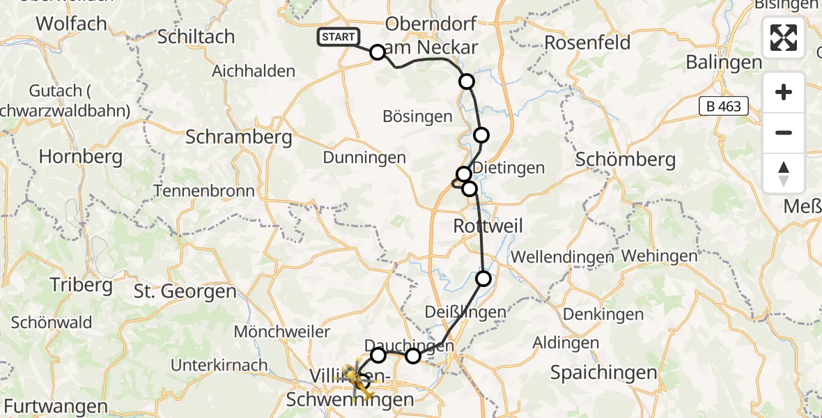 Flugroute Rettungshubschrauber Fluorn-Winzeln - DRF Air Rescue Station Villingen-Schwenningen Hubschrauberlandeplatz (Christoph 11), 12 April 2026, 09:11