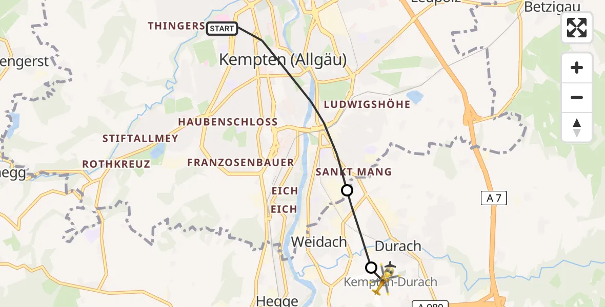Flugroute Rettungshubschrauber Kempten (Allgäu) - Kempten-Durach Flugplatz, 12 April 2026, 09:33