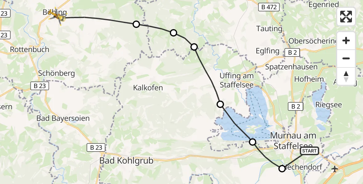 Flugroute Rettungshubschrauber Murnau Accident Hospital - Böbing, 12 April 2026, 09:33