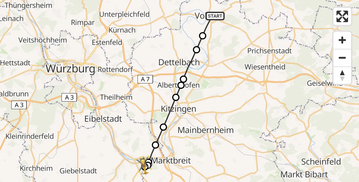Flugroute Rettungshubschrauber Volkach - Ochsenfurt Hospital, 12 April 2026, 09:49