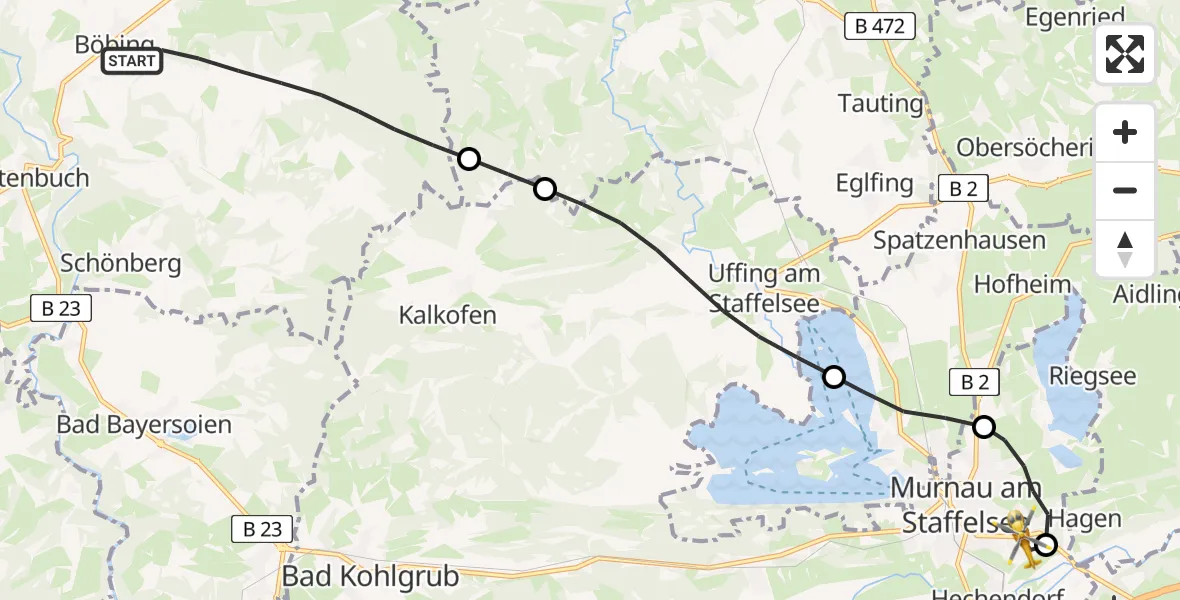 Flugroute Rettungshubschrauber Böbing - Murnau Accident Hospital, 12 April 2026, 09:58