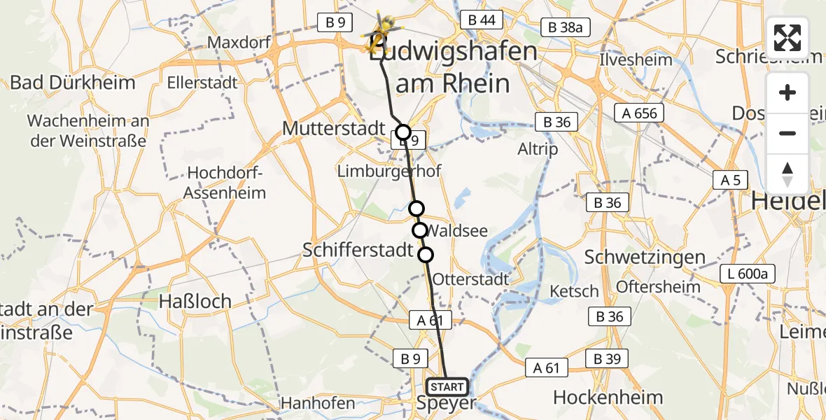 Flugroute Rettungshubschrauber Speyer - Ludwigshafen Accident Hospital, 12 April 2026, 10:03