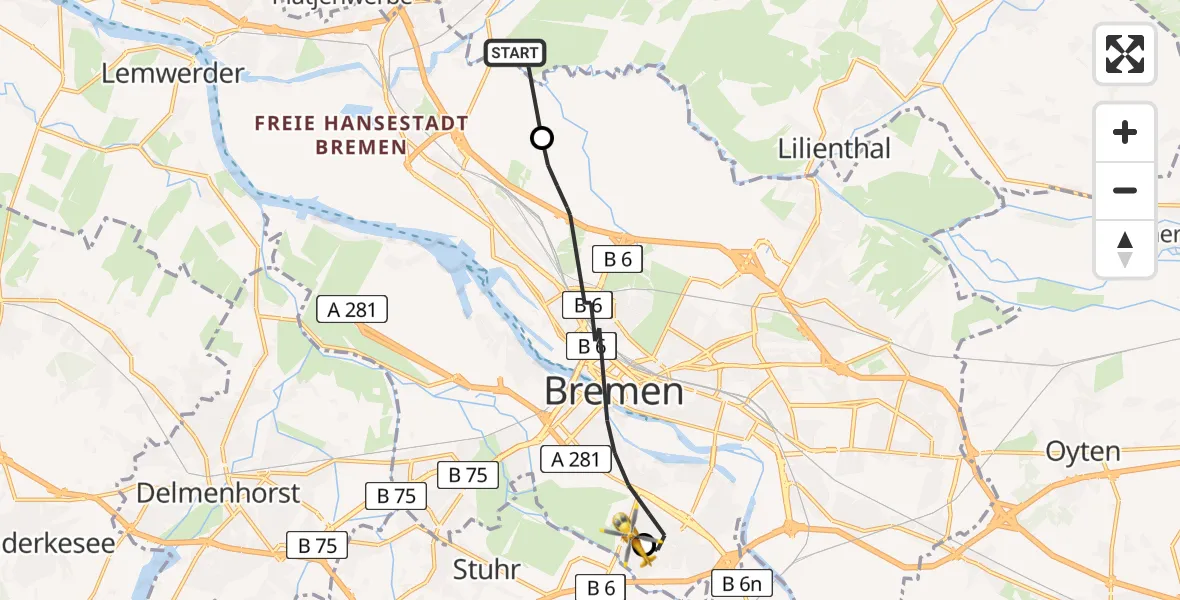 Flugroute Rettungshubschrauber Ritterhude - ADAC Air Rescue Station Bremen Hubschrauberlandeplatz (Christoph 6), 12 April 2026, 10:03