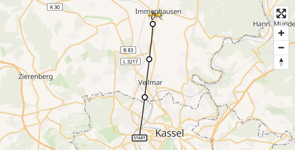 Flugroute Rettungshubschrauber Kassel - Immenhausen, 12 April 2026, 10:22