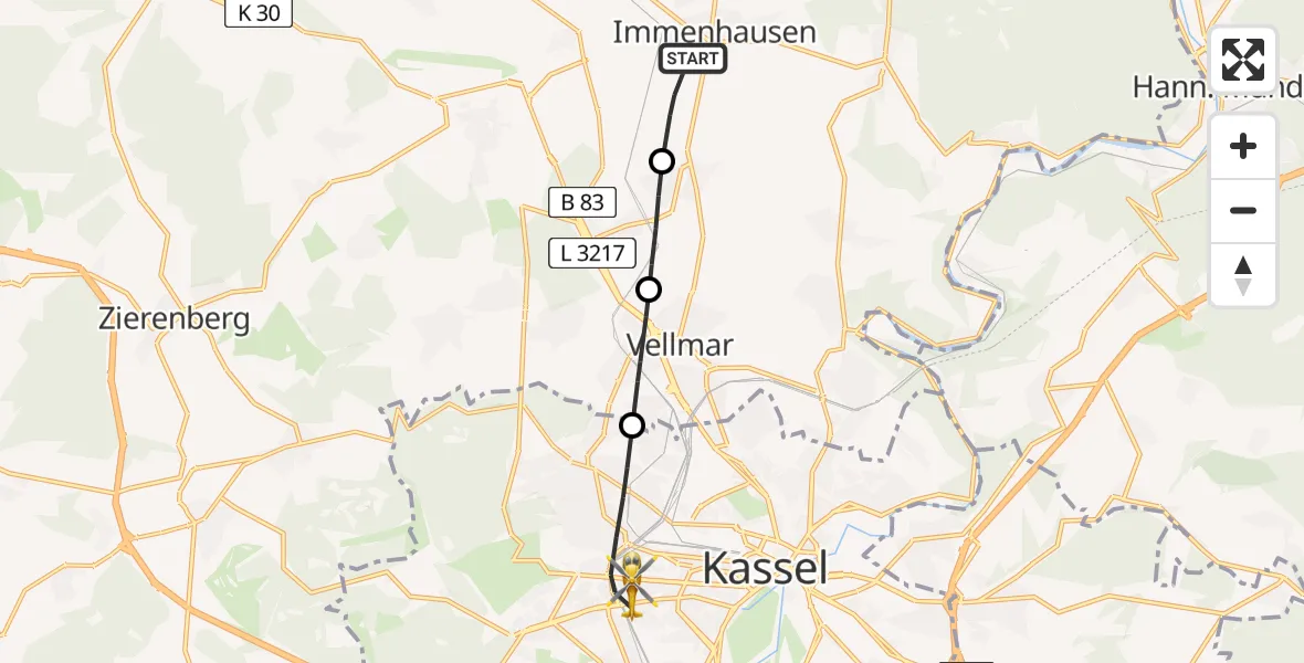 Flugroute Rettungshubschrauber Immenhausen - Kassel, 12 April 2026, 10:43