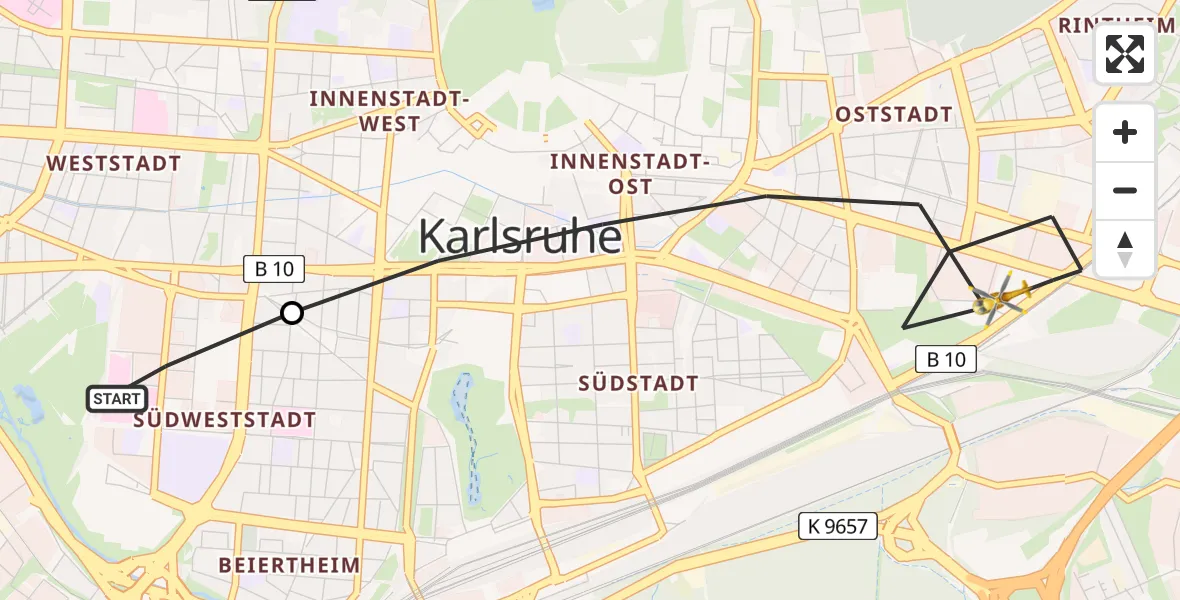 Flugroute Rettungshubschrauber Sankt Vincentius Hospital - Karlsruhe, 12 April 2026, 11:32