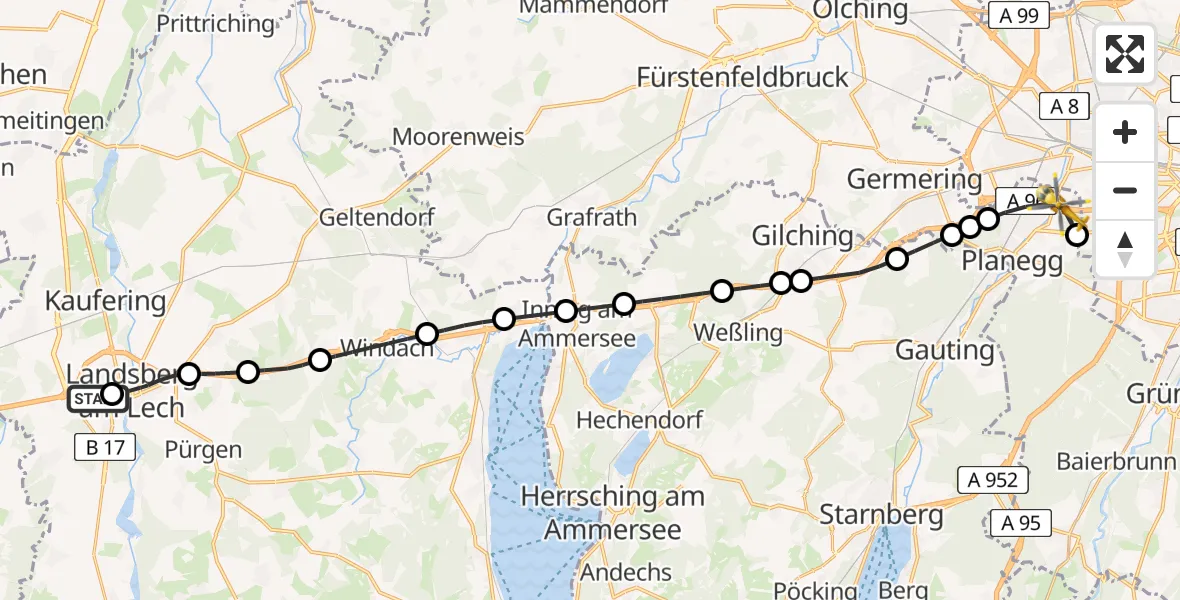 Routekaart van de vlucht: Rettungshubschrauber nach Gräfelfing, A 96