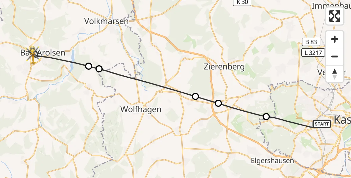 Flugroute Rettungshubschrauber Kassel - Bad Arolsen, 12 April 2026, 11:56