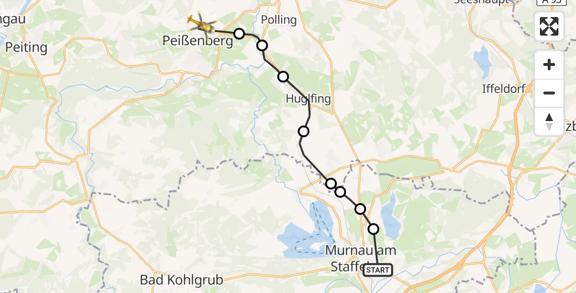 Flugroute Rettungshubschrauber Murnau Accident Hospital - Peißenberg, 12 April 2026, 11:57