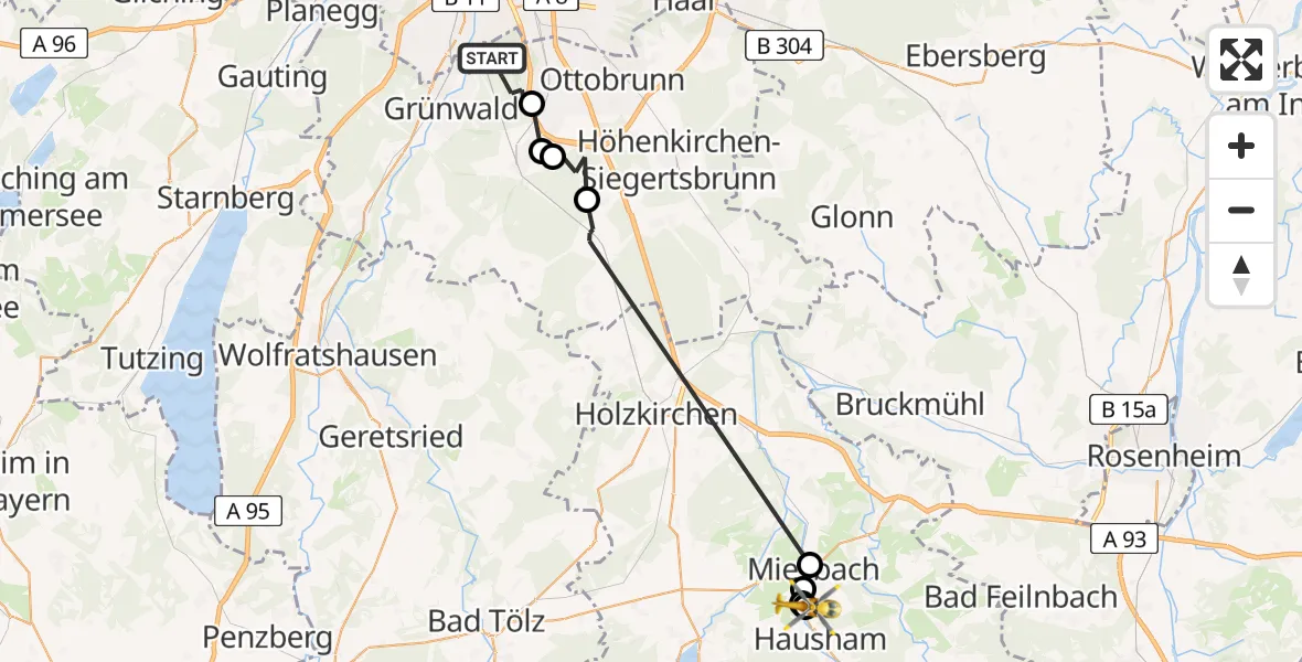 Flugroute Rettungshubschrauber Perlacher Forst - Agatharied Hospital, 12 April 2026, 12:02