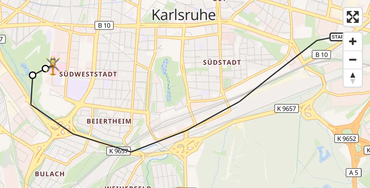 Flugroute Rettungshubschrauber Karlsruhe - Sankt Vincentius Hospital, 12 April 2026, 12:16