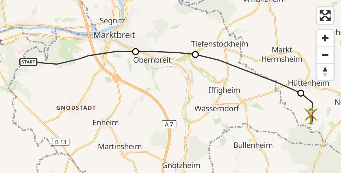 Flugroute Rettungshubschrauber Marktbreit - Willanzheim, 12 April 2026, 12:16