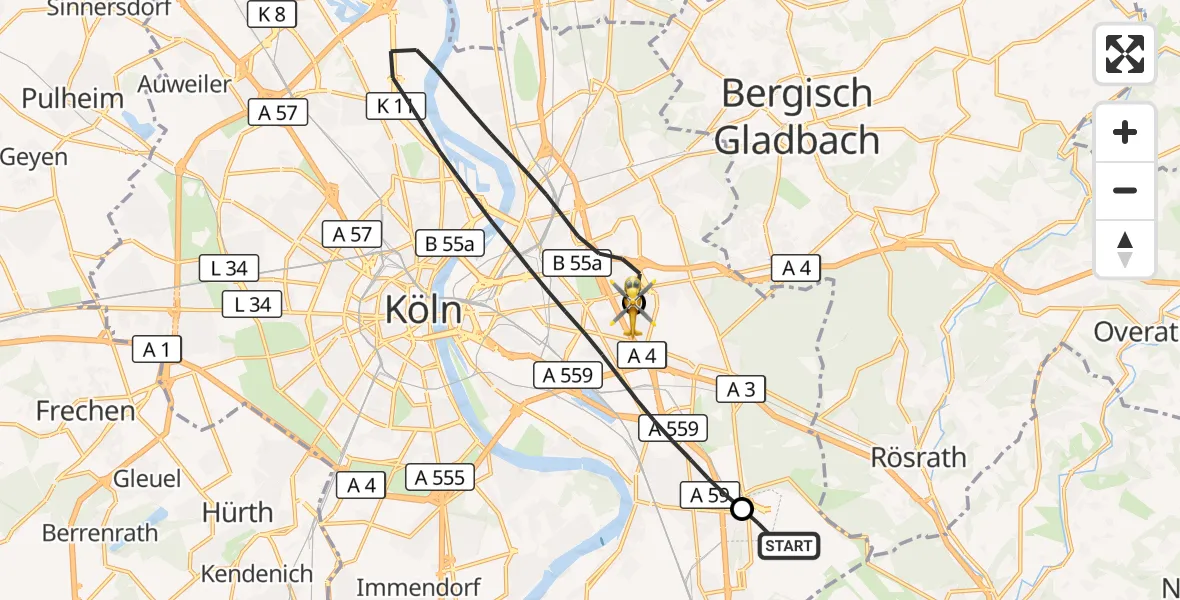 Flugroute Rettungshubschrauber Köln Bonn Flughafen - Merheim Hospital, 12 April 2026, 12:24