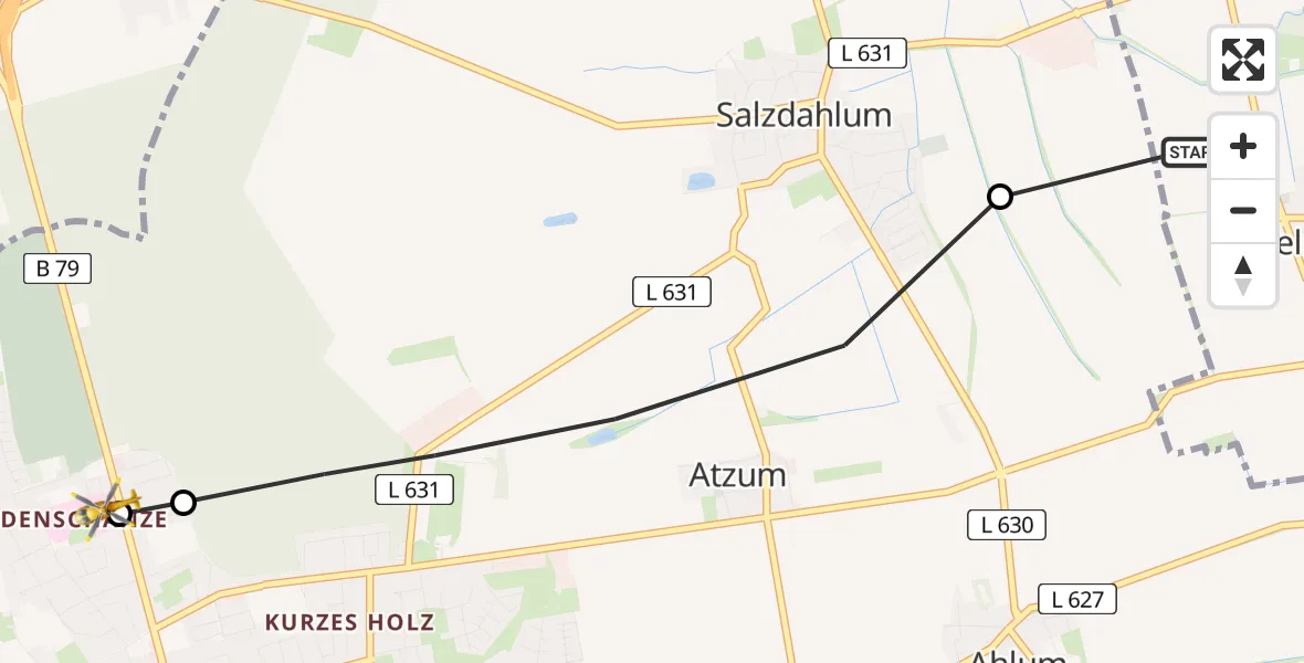 Flugroute Rettungshubschrauber Sickte - Wolfenbüttel Municipal Hospital Heliport (Christoph 30), 12 April 2026, 12:26