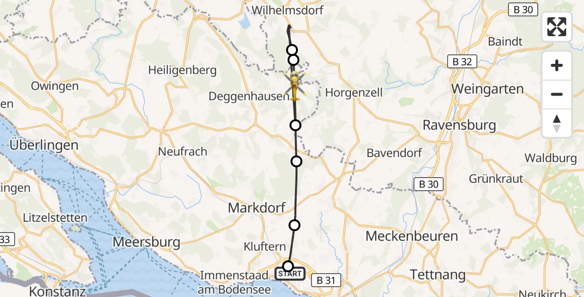 Flugroute Rettungshubschrauber Friedrichshafen Hospital - Deggenhausertal, 12 April 2026, 12:29