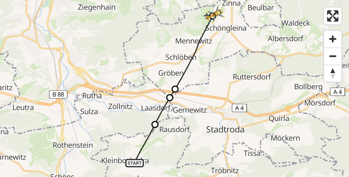 Flugroute Rettungshubschrauber Großbockedra - Jena-Schöngleina Flugplatz, 12 April 2026, 12:35