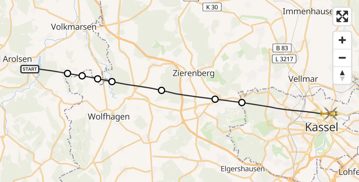 Flugroute Rettungshubschrauber Bad Arolsen - Kassel, 12 April 2026, 12:35