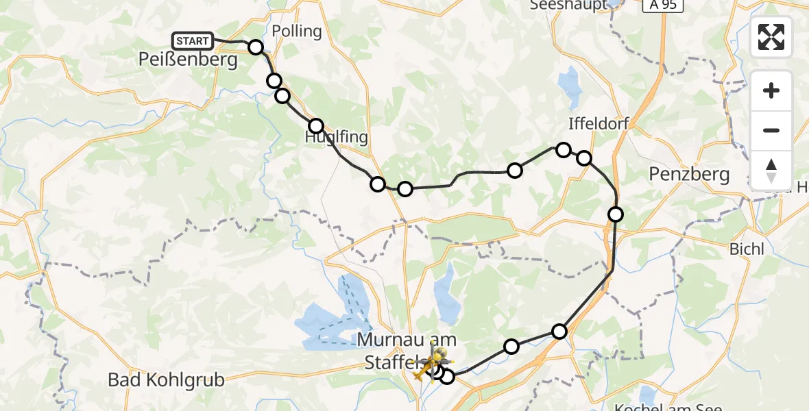 Flugroute Rettungshubschrauber Peißenberg - Murnau Accident Hospital, 12 April 2026, 12:38