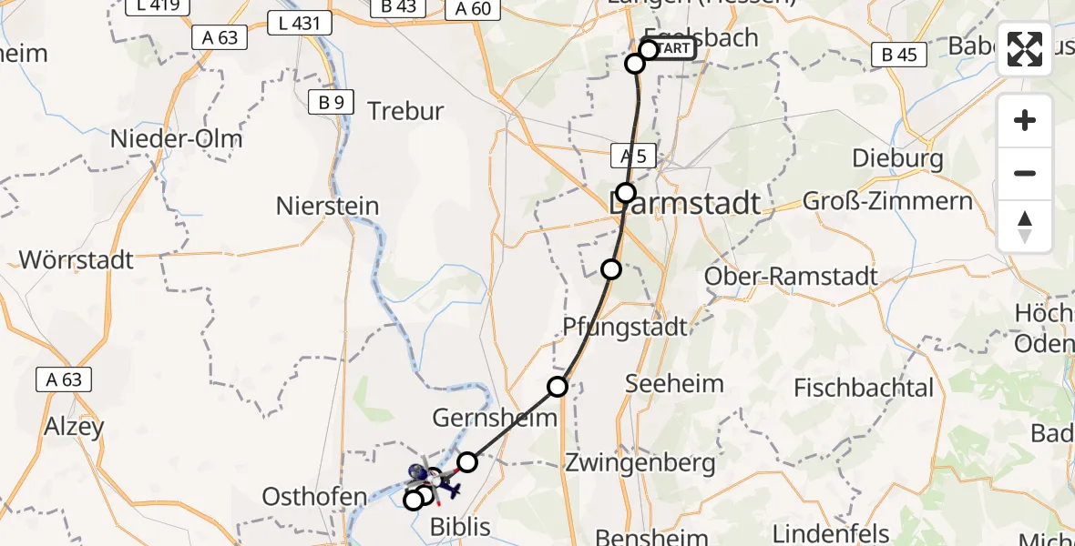 Flugroute Polizeihubschrauber Flughafen Frankfurt-Egelsbach - Groß-Rohrheim, 12 April 2026, 12:46