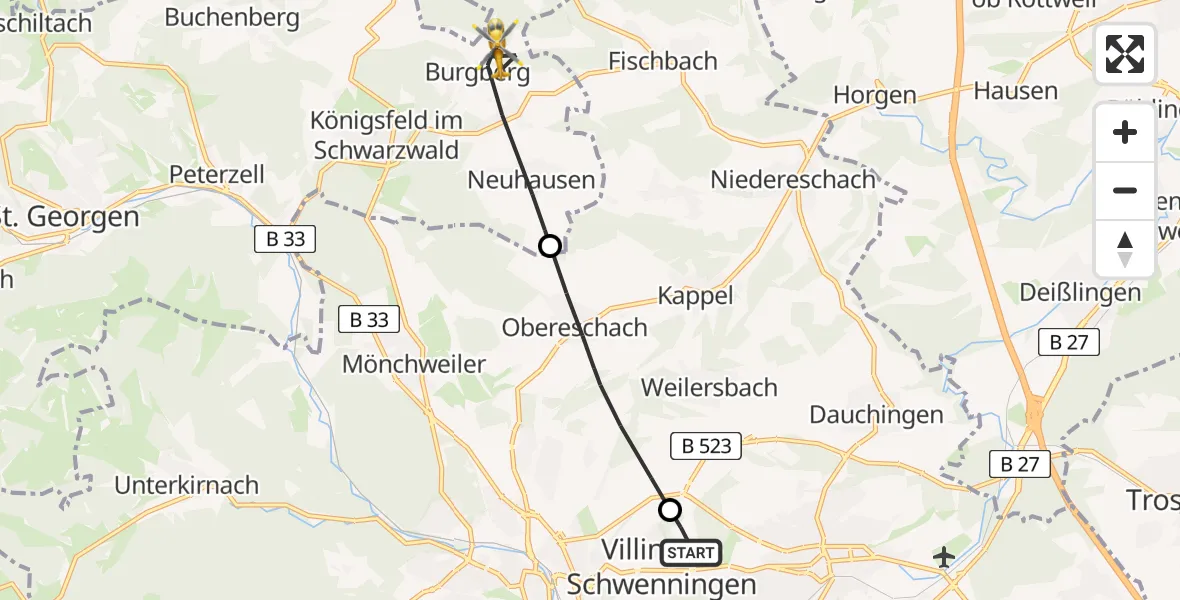 Flugroute Rettungshubschrauber DRF Air Rescue Station Villingen-Schwenningen Hubschrauberlandeplatz (Christoph 11) - Königsfeld im Schwarzwald, 12 April 2026, 12:50