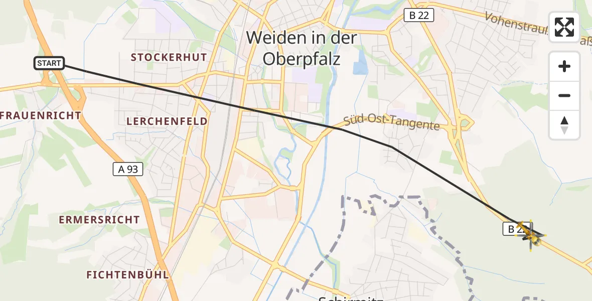 Flugroute Rettungshubschrauber Weiden i.d.OPf. - Weiden i.d.OPf., 12 April 2026, 13:00