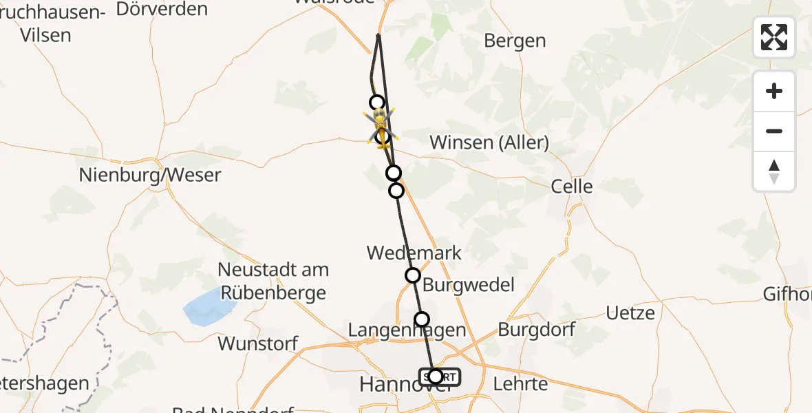 Flugroute Rettungshubschrauber Hannover Luftrettung Hubschrauberlandeplatz (Christoph 4) - Essel, 12 April 2026, 13:08