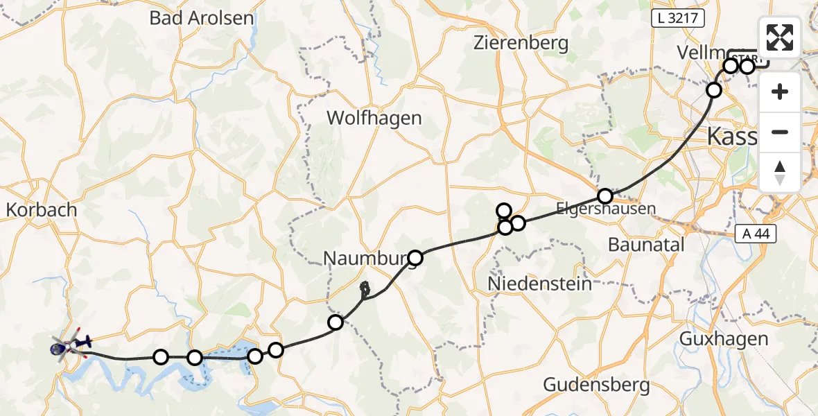 Flugroute Polizeihubschrauber Fuldatal Bundespolizei Hubschrauberlandeplatz - Vöhl, 12 April 2026, 13:10