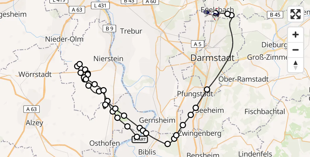 Flugroute Polizeihubschrauber Groß-Rohrheim - Flughafen Frankfurt-Egelsbach, 12 April 2026, 13:12