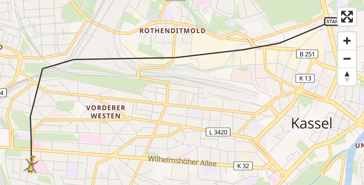 Flugroute Rettungshubschrauber Kassel - Kassel, 12 April 2026, 13:15