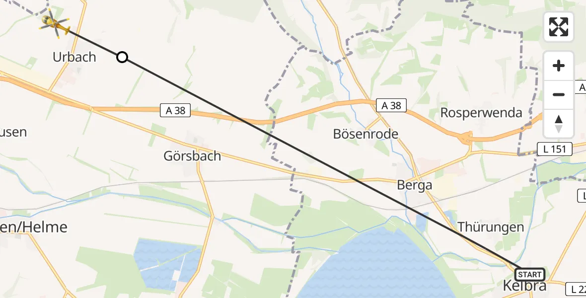 Flugroute Rettungshubschrauber Kelbra (Kyffhäuser) - Urbach, 12 April 2026, 13:15