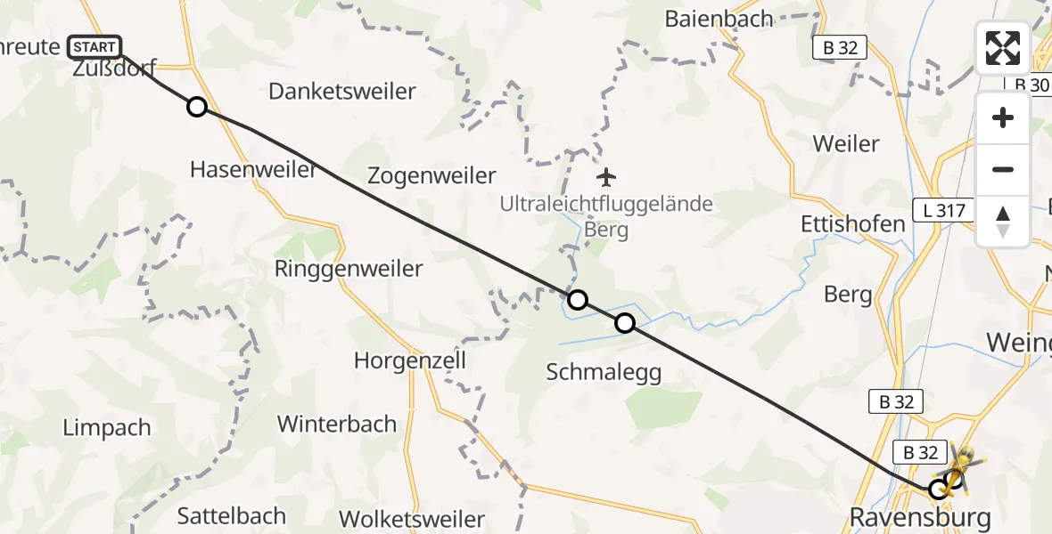 Flugroute Rettungshubschrauber Wilhelmsdorf - Sankt Elisabeth Hospital, 12 April 2026, 13:18