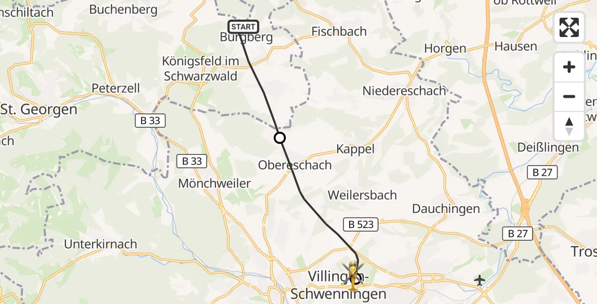 Flugroute Rettungshubschrauber Königsfeld im Schwarzwald - DRF Air Rescue Station Villingen-Schwenningen Hubschrauberlandeplatz (Christoph 11), 12 April 2026, 13:27