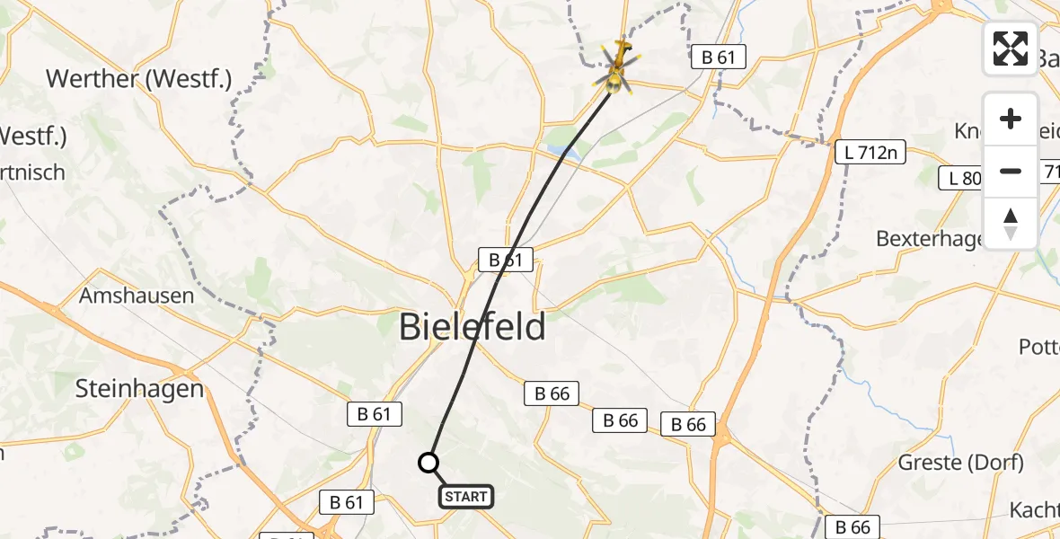 Flugroute Rettungshubschrauber Luftrettungszentrum Bielefeld - Bielefeld, 12 April 2026, 13:32